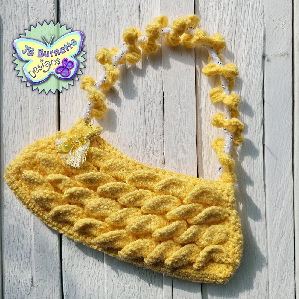 Handmade Yellow Crochet Scallop Handbag, Beaded Handle Spring Summer Purse
